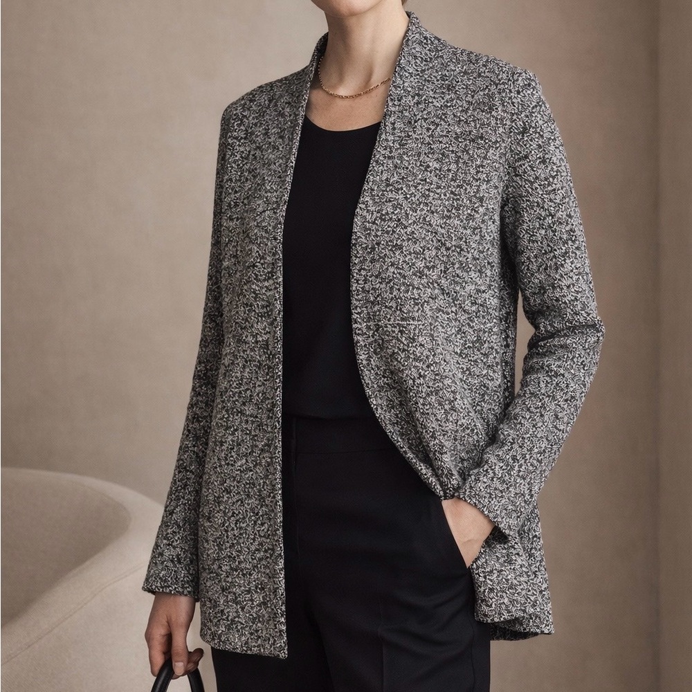 Eileen Fisher Silk Blend Open Front Cardigan Jacket S Black White Marled